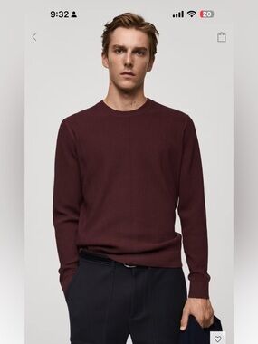 MANGO Men's Crewneck Ribbed Sweater in Burgundy Size M NWT